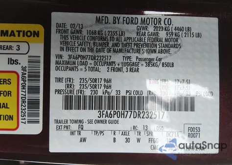 2013 Ford Fusion Se z USA, uszkodzony, nr VIN 3FA6P0H77DR232517